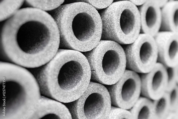 Fototapeta  Foam tube as abstract background.  Stacks of grey foam insulation tubes for pipes . Soft focus