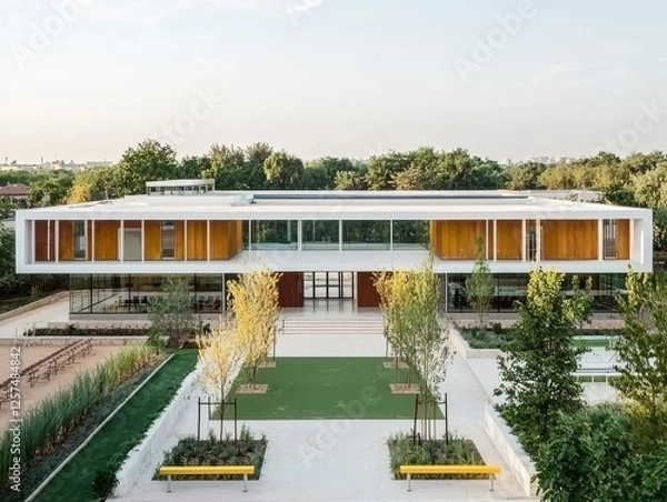 Fototapeta Modern Architectural Design of a Community Building Surrounded by Greenery