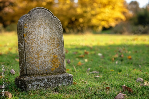 Obraz       There is a tombstone in a cemetery with a sunset in the background