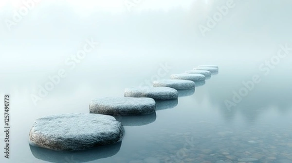 Fototapeta Serene stepping stones path across calm misty lake; peaceful journey concept;  background of foggy forest