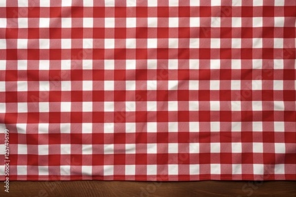 Fototapeta Red Checkered Tablecloth with Copyspace for Background or Overlay. Overhead Shot of Table Setting with Napkin and Isolated Top View