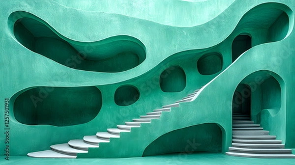 Fototapeta Abstract architecture with fluid shapes and green walls featuring unique staircase designs and cutouts.