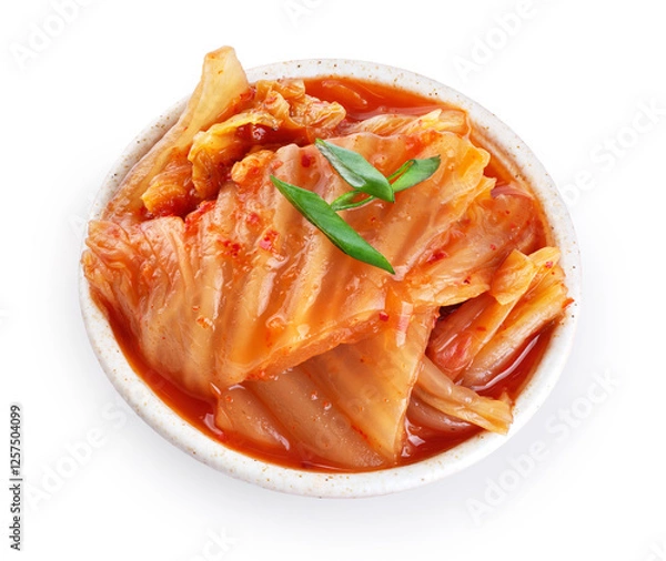 Fototapeta Bowl with korean traditional cabbage kimchi isolated on white background. Hot fermented napa cabbage. With clipping path.