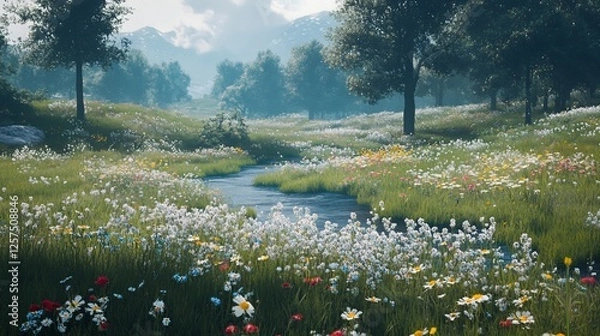 Fototapeta Stream flows through vibrant wildflowers, misty mountain backdrop