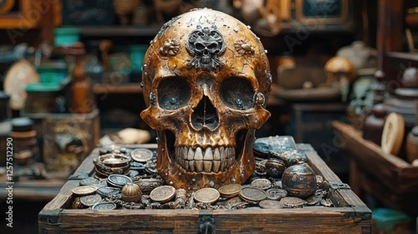 Obraz Ornate skull centerpiece surrounded by antique coins in a vintage shop filled with curiosities