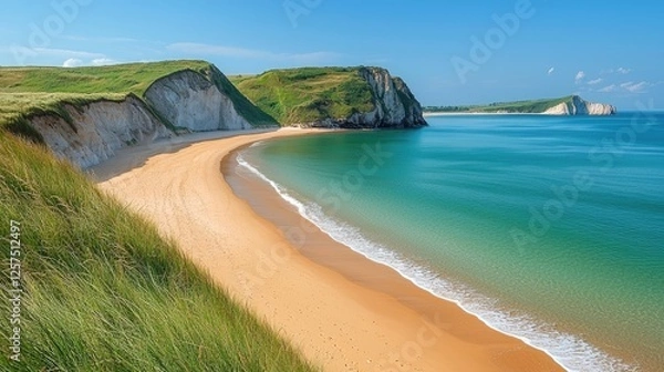 Obraz Serene beach landscape with golden sand, lush green cliffs, and calm turquoise waters under blue sky