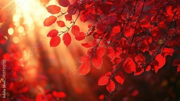 Obraz Vibrant red leaves illuminated by sunlight, creating a warm atmosphere in a serene forest