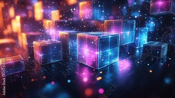 Fototapeta Glowing data cubes rising in digital city, tech background