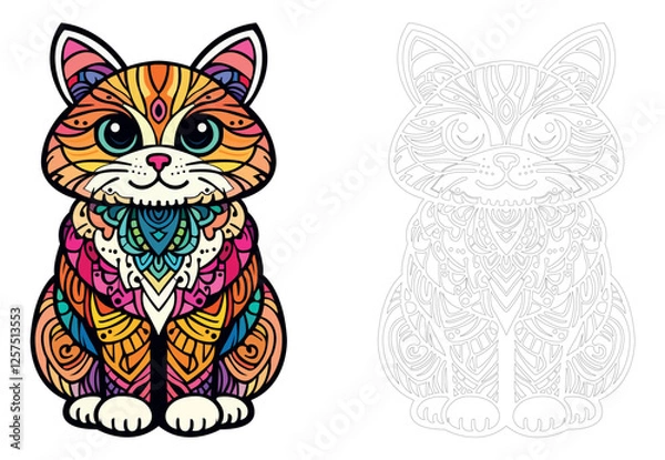 Fototapeta Vector drawing of a cat in mandala style for coloring book, vector illustrations for adults. Anti-stress coloring for adults. Kitten in two versions, colored and black and white.