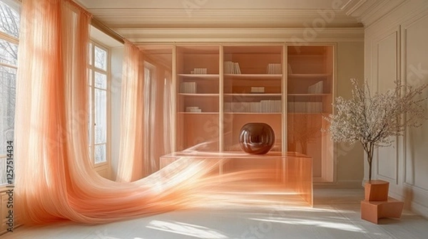 Obraz Elegant interior with flowing orange curtains, minimalist furniture, and a serene atmosphere