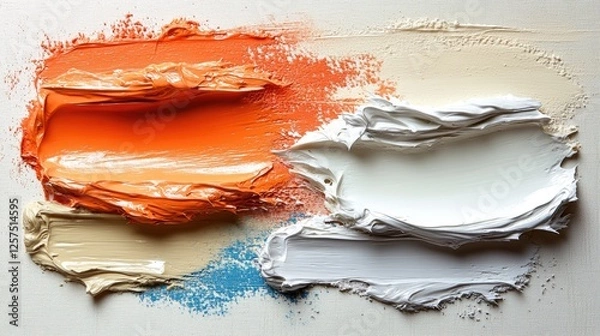 Obraz Vibrant strokes of orange, white, and beige paint on a canvas, showcasing artistic expression