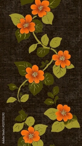 Obraz Vibrant floral pattern featuring orange flowers and green leaves on a textured dark background