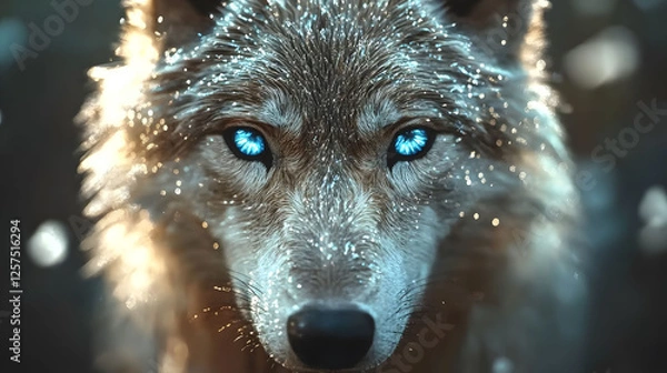 Obraz 
A majestic wolf with glowing blue eyes, surrounded by icy crystals, ultra-realistic