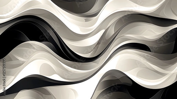 Fototapeta Curved abstract black and white waves pattern with smooth flowing lines and shapes creating a modern artistic design.