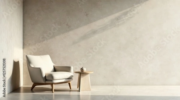 Fototapeta Serene Minimalist Interior Design Featuring a Light Beige Armchair and Small Wooden Side Table Against a Neutral Textured Wall, Bathed in Soft Sunlight