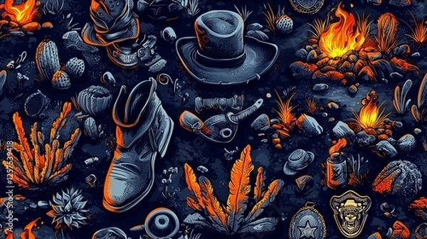 Fototapeta Desert campfire scene with cowboy boots, hats, and cacti; seamless pattern for textile design
