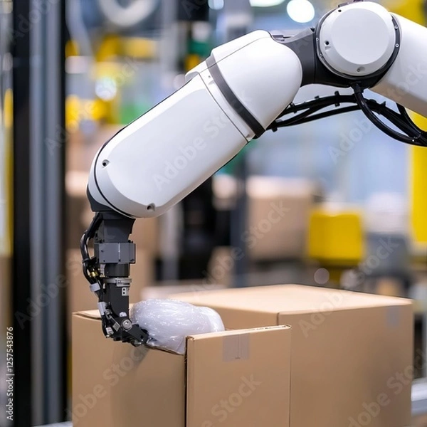 Fototapeta Close-up of an advanced robotic arm handling delicate materials in an automated packaging line