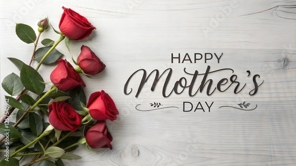 Fototapeta Elegant Happy Mother's Day Calligraphy with Red Roses on Rustic White Wooden Background