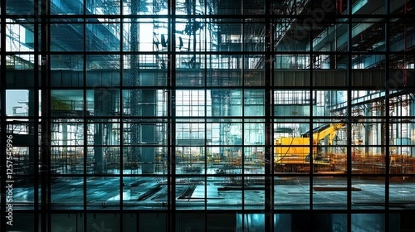 Fototapeta building site through glass, tower crane framework, urban construction view, architectural development scene, industrial progress photography, modern window perspective, structural silhouette
