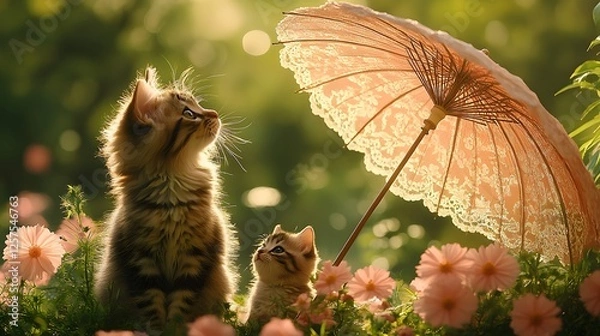 Fototapeta A cat with a small kitten is looking for shade under a small, decorative parasol. in a summer garden 