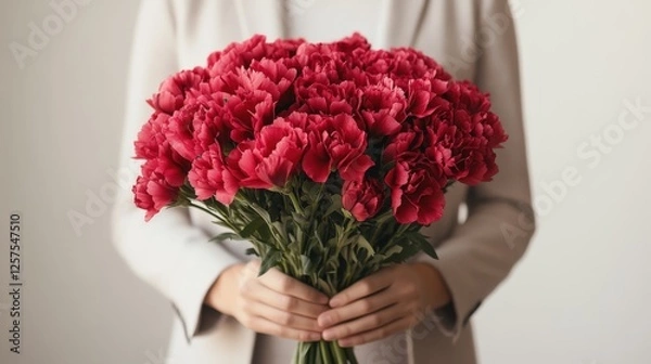 Obraz Man in a light gray blazer holds a dramatic red carnation bouquet on white