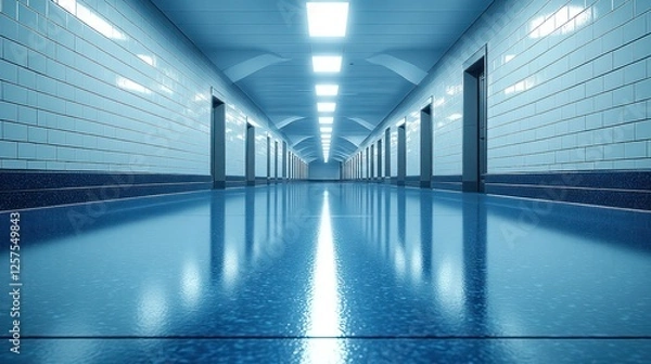 Fototapeta Empty hospital corridor, blue tile walls, polished floor, reflecting lights