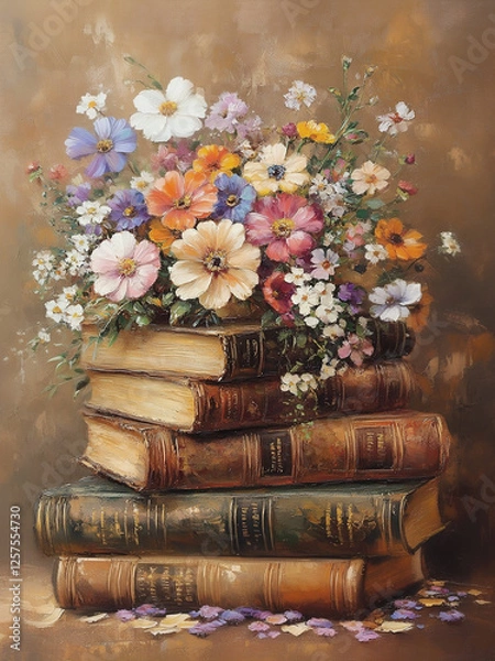 Obraz Vintage Easter Spring Flower on Books Stack