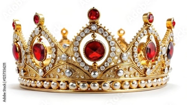 Fototapeta Gold Crown with Red Gemstones on White Background