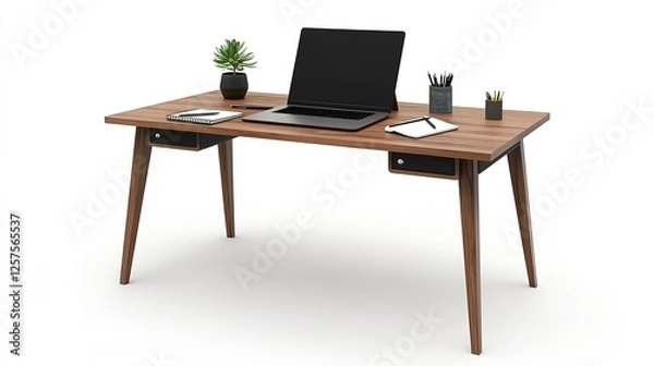 Fototapeta A rustic wooden desk with black metal legs. The desk has a drawer, shelf, and is set up for a computer.