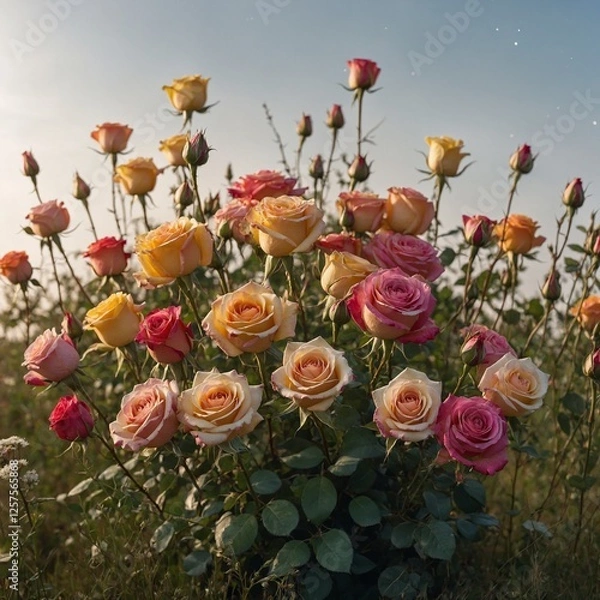 Obraz A colorful bouquet of roses in a serene meadow with soft light from the stars illuminating the petals, set against a white backdrop.