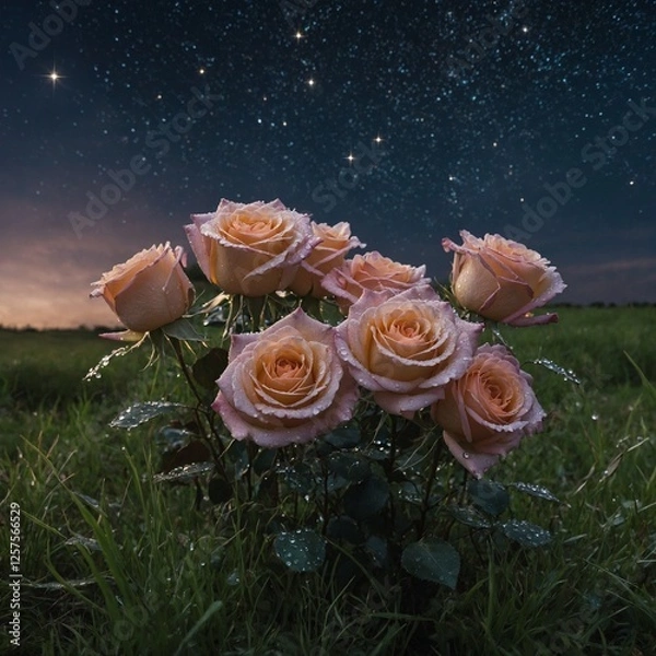 Obraz A bouquet of dew-kissed roses under a starlit sky, with stars twinkling above in a field of soft grass.