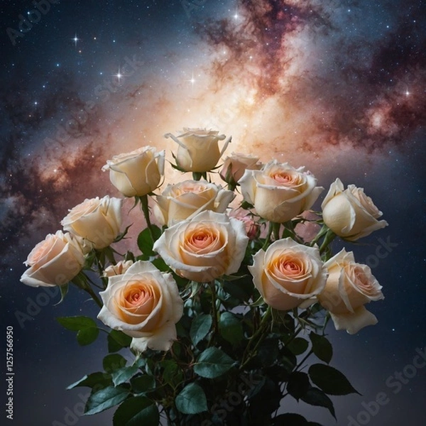 Obraz A radiant bouquet of roses surrounded by a glowing starry sky, against a pure white canvas.