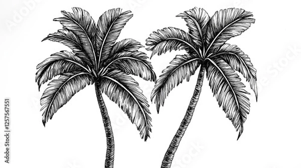 Fototapeta Detailed black and white hand-drawn illustration of two tropical palm trees with textured leaves and trunks