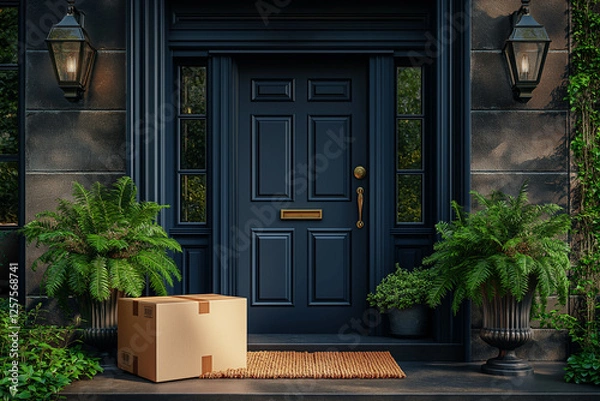 Fototapeta Cardboard package sits on doormat in front of stylish dark-colored door with elegant lanterns and green plants, symbolizing home delivery and online shopping. E-commerce and shipping concept