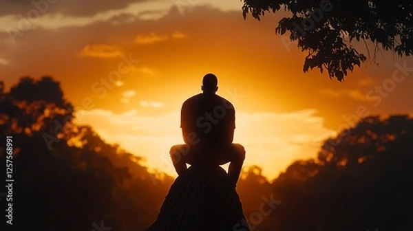 Fototapeta A silhouette of a person sitting on top of a tree