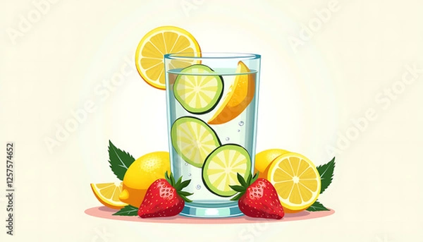 Fototapeta Refreshing lemon and strawberry drink in a glass