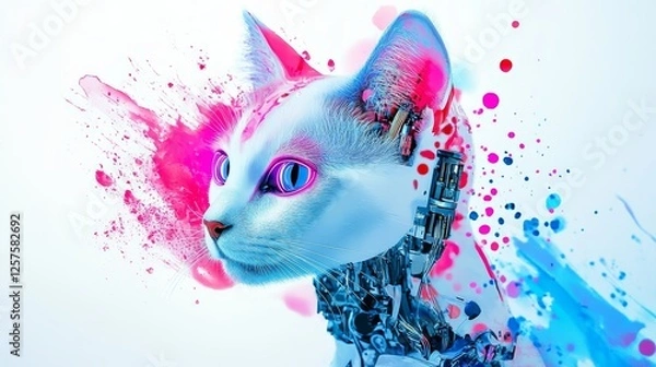 Fototapeta A sleek robotic cat with expressive LED eyes