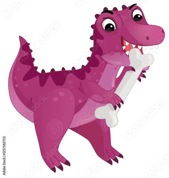 Fototapeta cartoon scene with happy prehistoric animal tyrannosaurus trex velociraptor dino dinosaur smiling walking and biting eating bone isolated on white background illustration for children