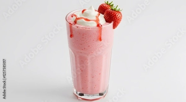 Fototapeta Strawberry Smoothie with Whipped Cream and Fresh Strawberries on white background
