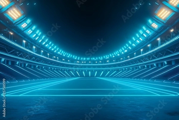Fototapeta Abstract blue neon-lit stadium illuminated with ground lamps, creating a sci-fi sports and product display background.