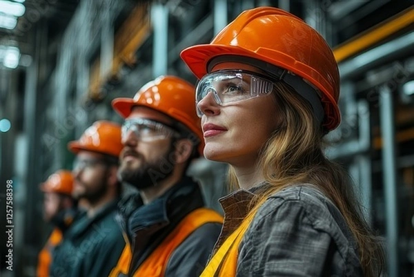 Fototapeta Professionals in safety gear observing operations in a warehouse setting during a daytime work shift