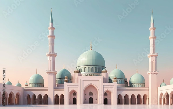 Fototapeta A minimalist 3D-rendered scene of a mosque with smooth, pastel-colored surfaces. The mosque features elegant domes and a tall minaret, set against a soft gradient sky blending warm and cool pastel 