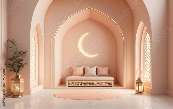 Fototapeta A clean and modern 3D-rendered composition of an Islamic prayer area. The background is a soft pastel peach fading into light cream. A sleek, minimalist mihrab (prayer niche) with a floating golden 