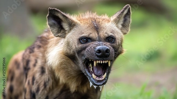 Fototapeta Aggressive rabid dog snarling with frothy saliva, intense eyes, and raised fur, isolated on a blurred background. Concept of danger, wild animal behavior, and rabies awareness