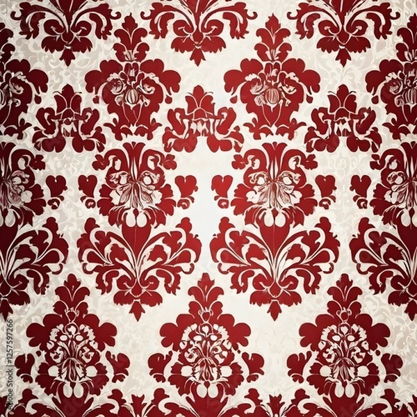 Fototapeta Red wallpaper vintage flock with red damask design on a white background retro vintage style