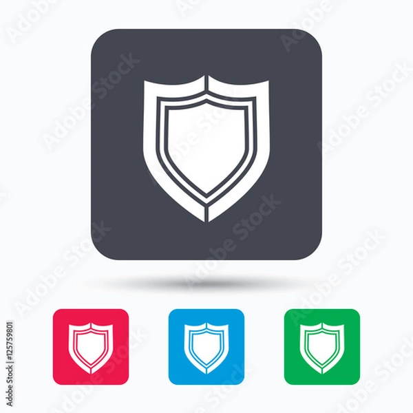 Fototapeta Shield protection icon. Defense equipment symbol. Colored square buttons with flat web icon. Vector