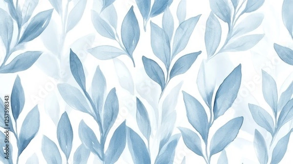 Fototapeta Gentle Blue Watercolor Seamless Pattern, Delicate Sketched Branches, Soft Light, Ethereal Background
