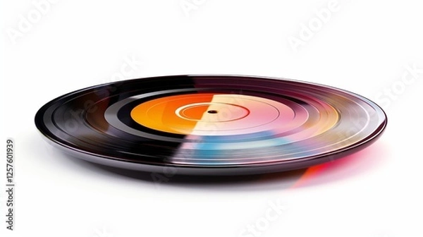 Fototapeta A classic vinyl record with a colorful label, isolated on white. The glossy surface and grooves bring back the golden age of music.