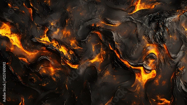 Fototapeta Abstract fiery lava texture background, molten rock digital art, fiery orange and black swirls, hot magma illustration, intense heat energy, volcanic eruption simulation