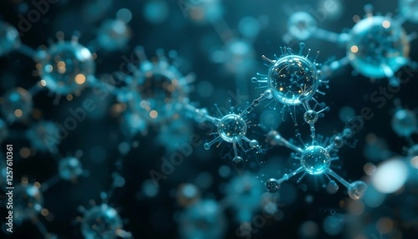 Fototapeta Abstract Molecular Structure Visualization in Blue and Gold with Depth